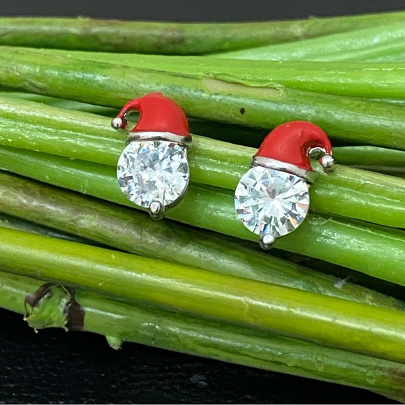 Adorable Enamel Santa Claus Hat Clear CZ Rhinestones Stud Earrings - Picture 3 of 11